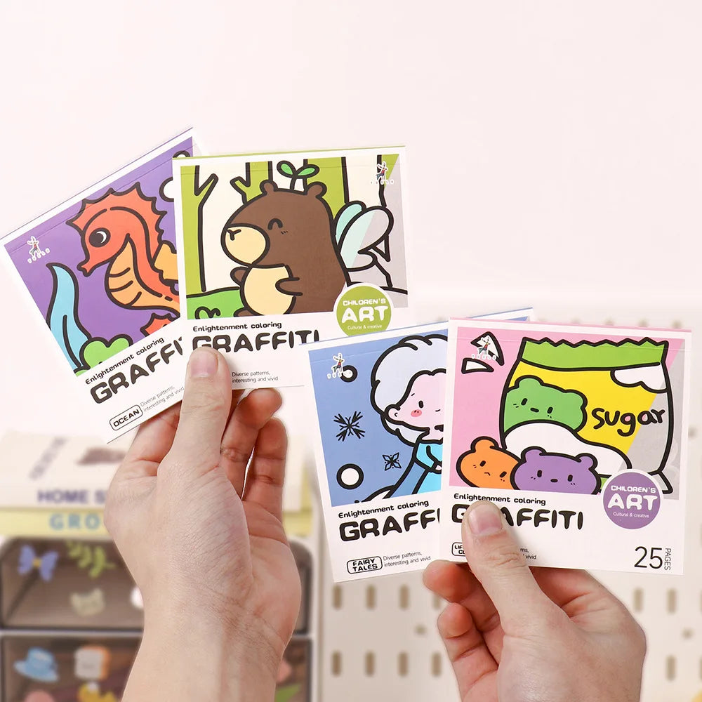 Cartoon convenient coloring book, 25 mini watercolor coloring books, painting album note coloring book