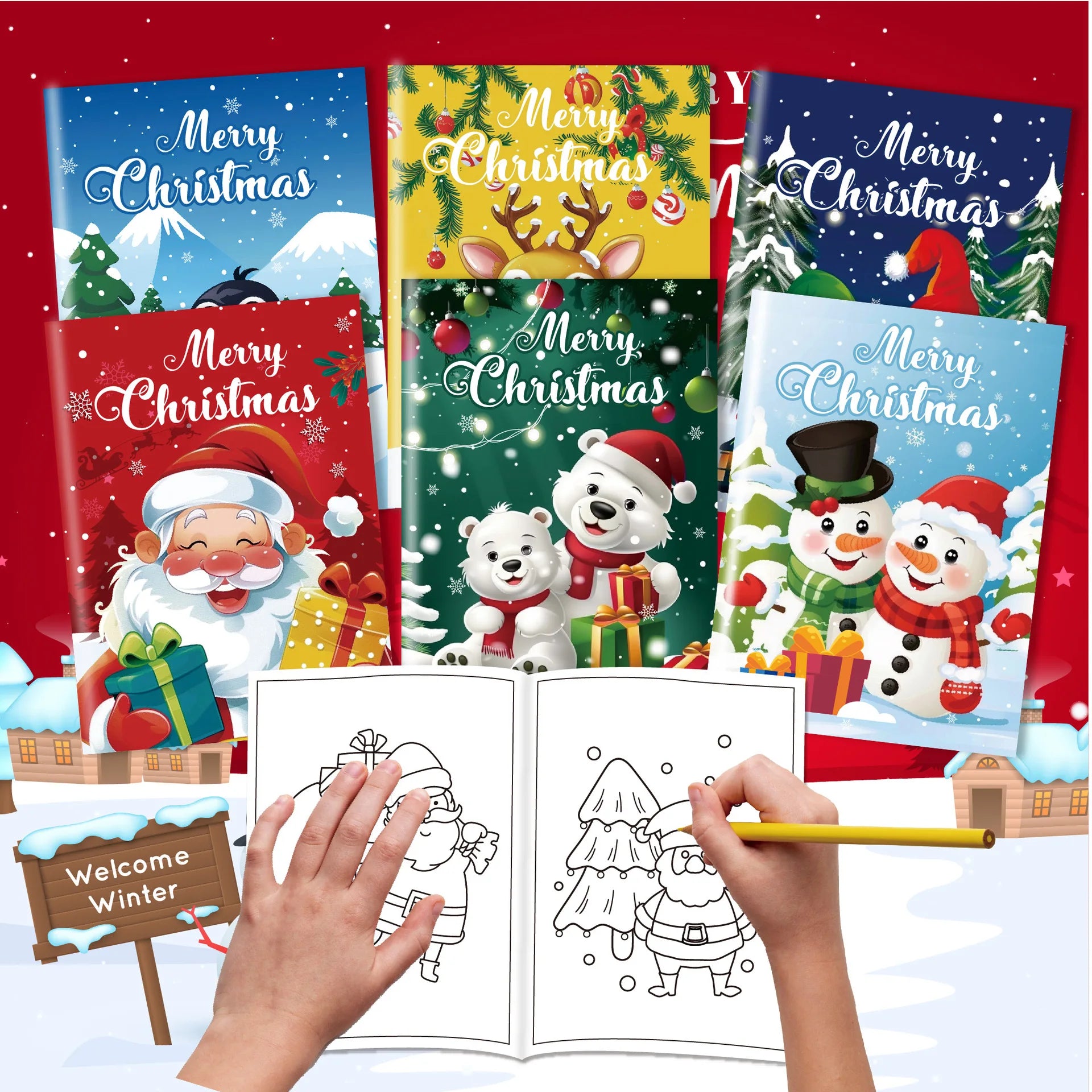 6 sets of Christmas coloring books, cartoon doodles, coloring books for children, holiday party, Christmas Eve coloring books