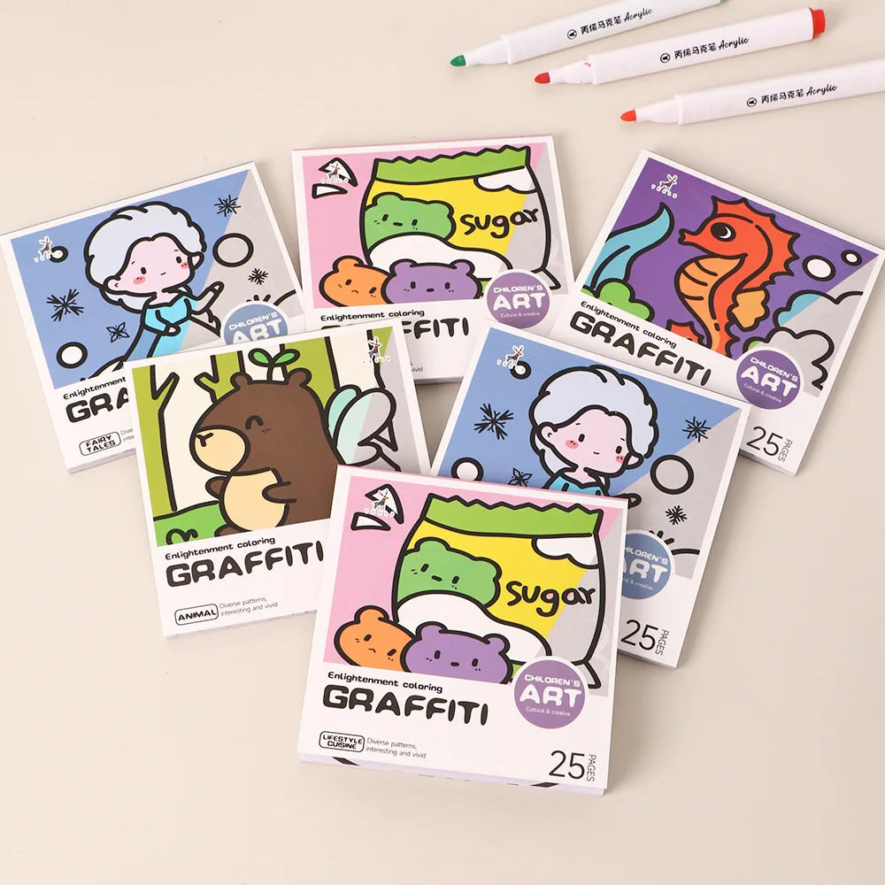 Cartoon convenient coloring book, 25 mini watercolor coloring books, painting album note coloring book