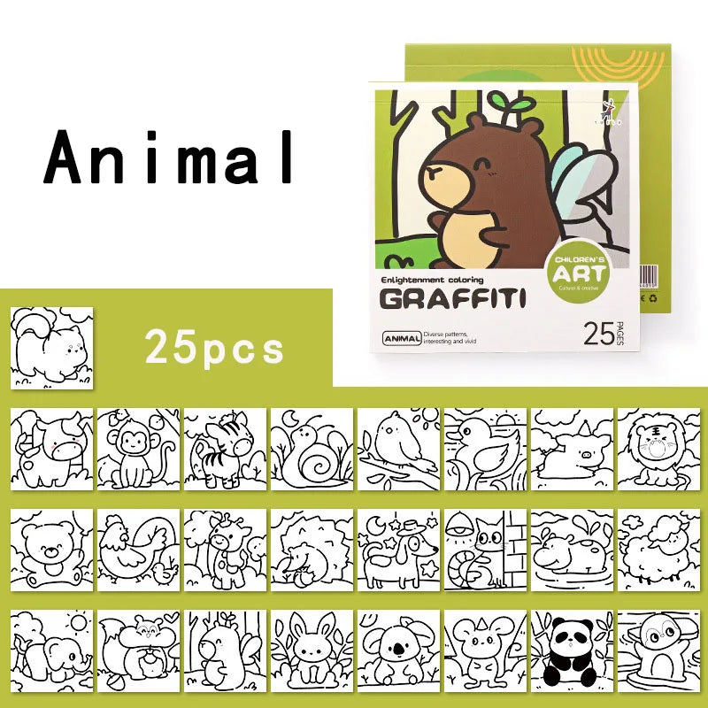 Cartoon convenient coloring book, 25 mini watercolor coloring books, painting album note coloring book